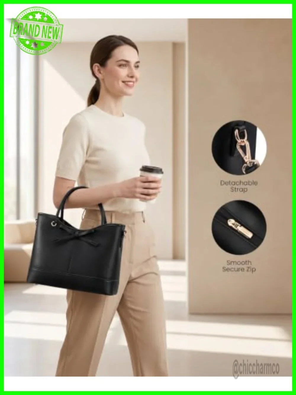Vegan Leather Structured Satchel Tote with Detachable Crossbody Strap